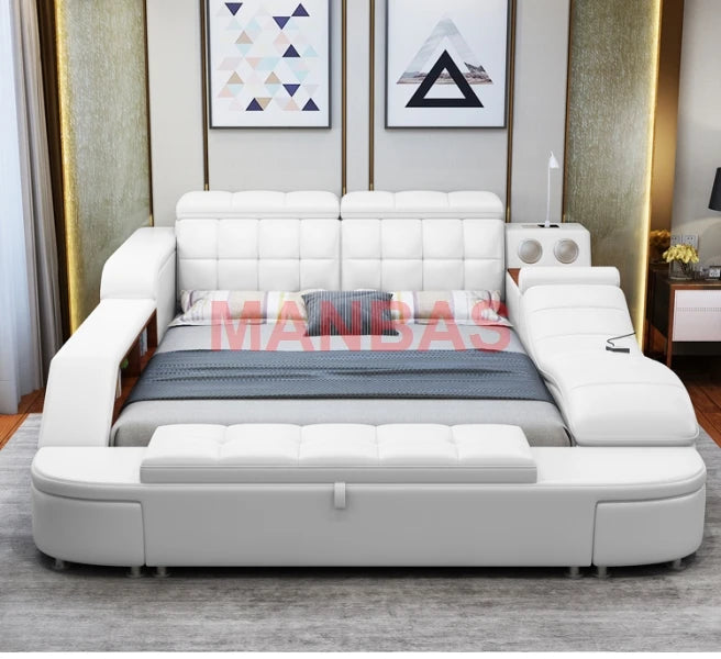 King/Queen Size Multifunctional Bed Tech Smart Beds Ultimate Camas TATAMI Massage Lit Genuine Leather Upholstered Bed with Audio