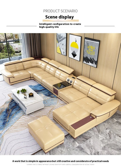 Stylish Italian Genuine Leather Sofa for Living Room with Cup Holder, USB, Adjustable Headrests & Bluetooth Speaker - MANBAS