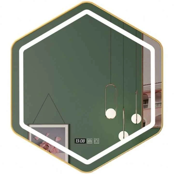 Wholesale Modern Luxury Custom Hexagon Stainless Steel Frame Wall Hanging LED Light Shower Touch Screen Bathroom Smart Mirrors