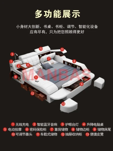 King/Queen Size Multifunctional Bed Tech Smart Beds Ultimate Camas TATAMI Massage Lit Genuine Leather Upholstered Bed with Audio