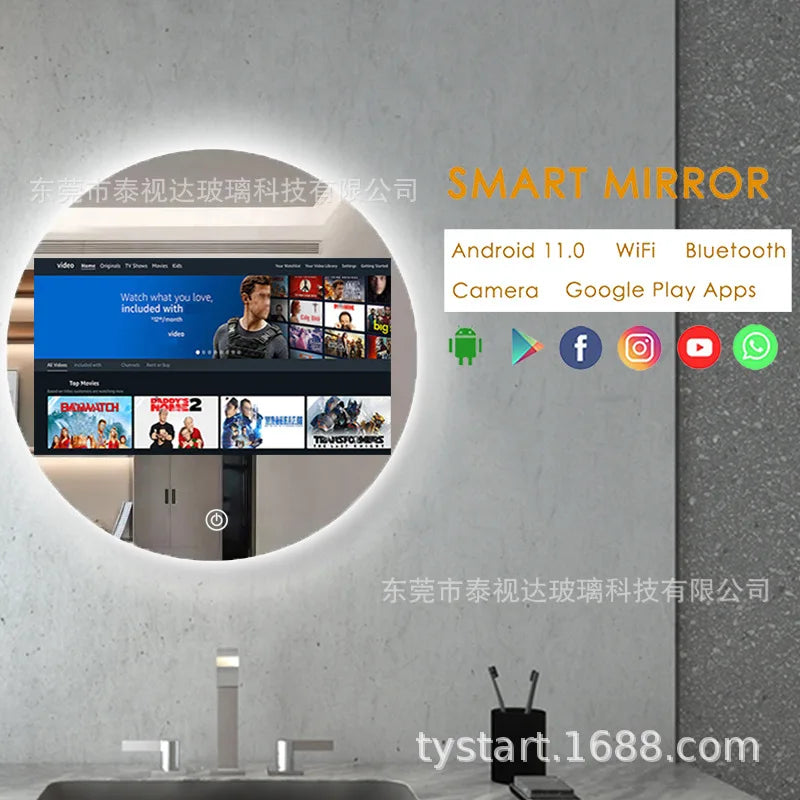 Customized Bedroom Round Intelligent Makeup Mirror, Bathroom Mirror, Android Magic Mirror, Waterproof Strap, 15.6-inch