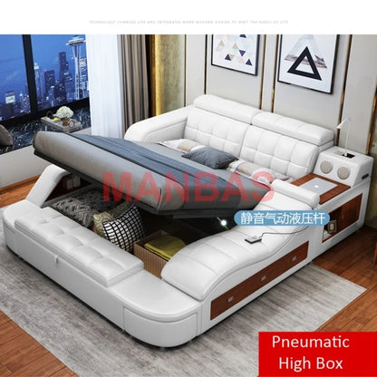 King/Queen Size Multifunctional Bed Tech Smart Beds Ultimate Camas TATAMI Massage Lit Genuine Leather Upholstered Bed with Audio
