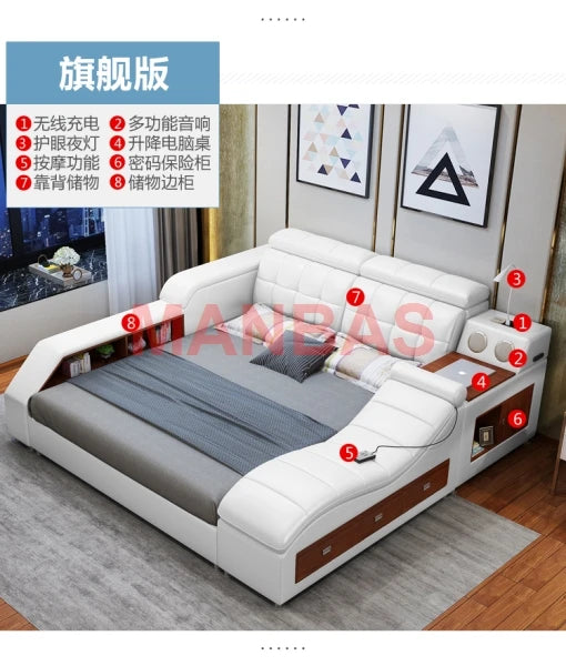King/Queen Size Multifunctional Bed Tech Smart Beds Ultimate Camas TATAMI Massage Lit Genuine Leather Upholstered Bed with Audio