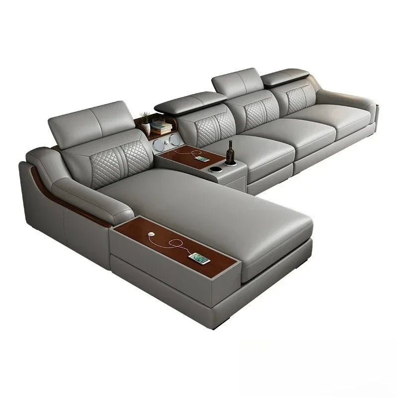 Stylish Italian Genuine Leather Sofa for Living Room with Cup Holder, USB, Adjustable Headrests & Bluetooth Speaker - MANBAS