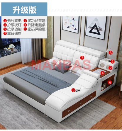 King/Queen Size Multifunctional Bed Tech Smart Beds Ultimate Camas TATAMI Massage Lit Genuine Leather Upholstered Bed with Audio