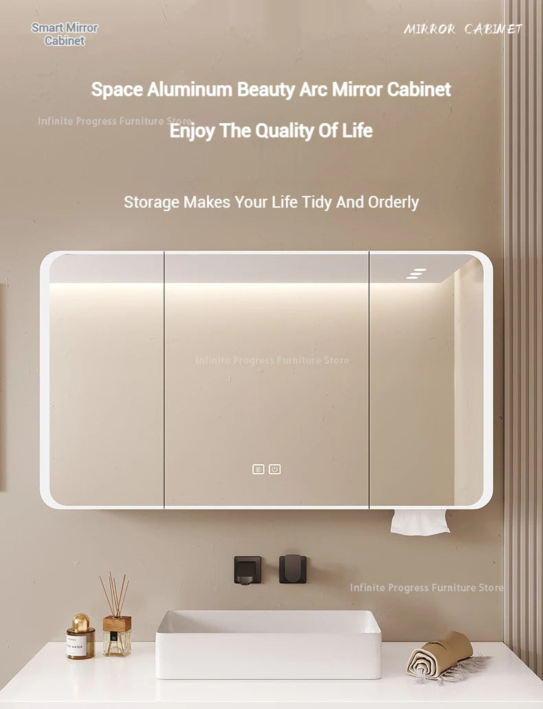 Arc-shaped Smart Bathroom Mirror Cabinet, Wall-mounted Bathroom Mirror Cabinet with Lighting, Smart Bathroom Mirror Cabinet