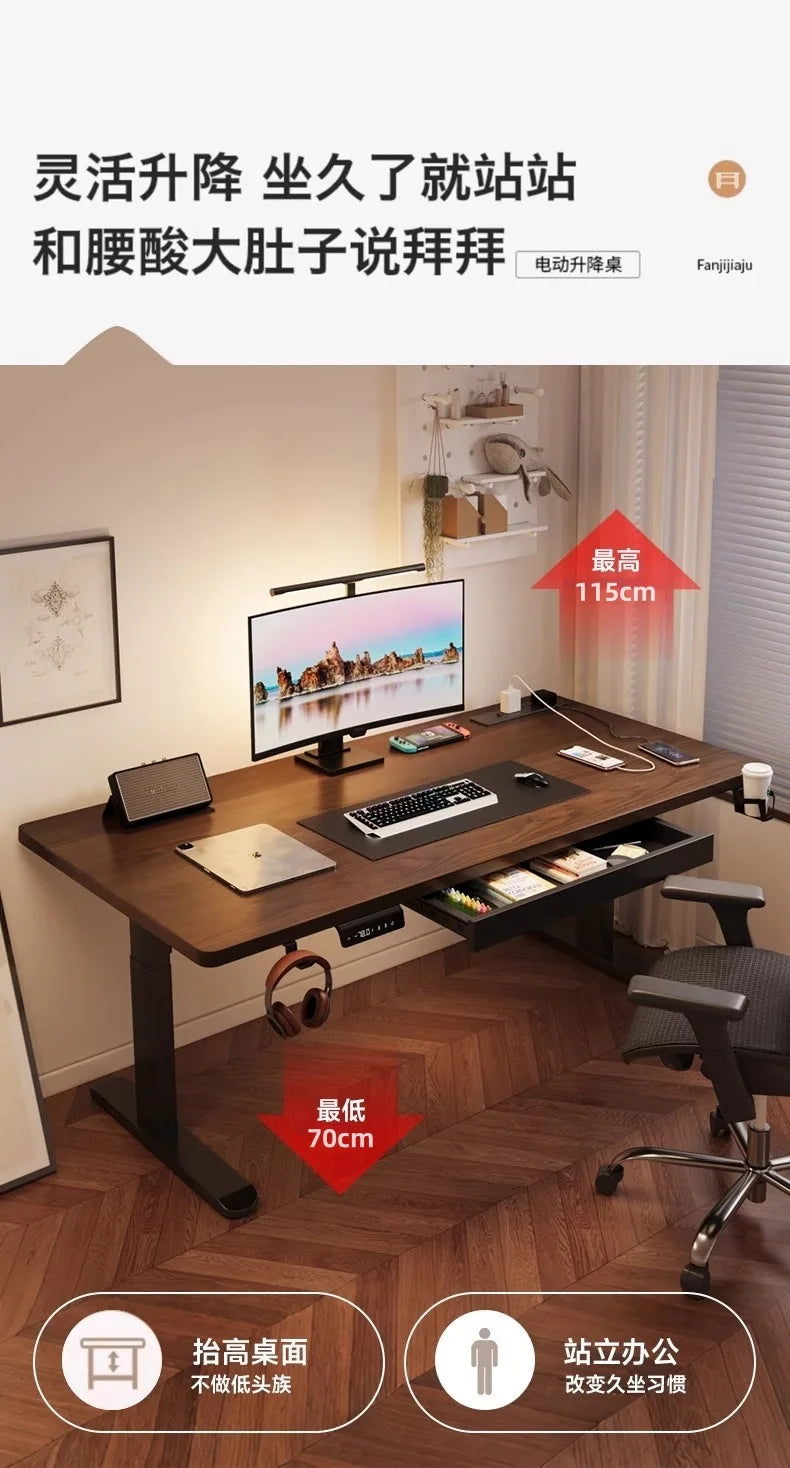 Solid Wood Electric Standing Desk with Drawers Smart Height Adjustable Gaming Computer Workstation for Home Study Office