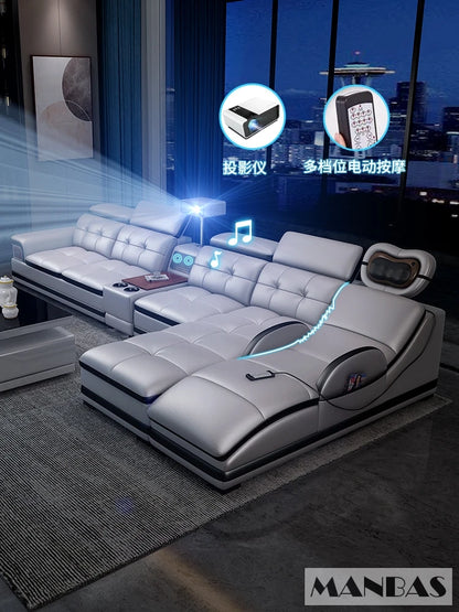 Bluetooth Speaker and Massage Italian Leather Sofa Set with USB, Cup Holder, Adjustable Headrests, Projector Living Room Couch