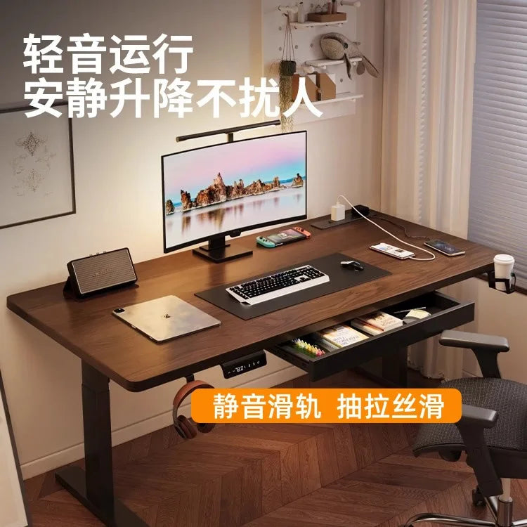 Solid Wood Electric Standing Desk with Drawers Smart Height Adjustable Gaming Computer Workstation for Home Study Office