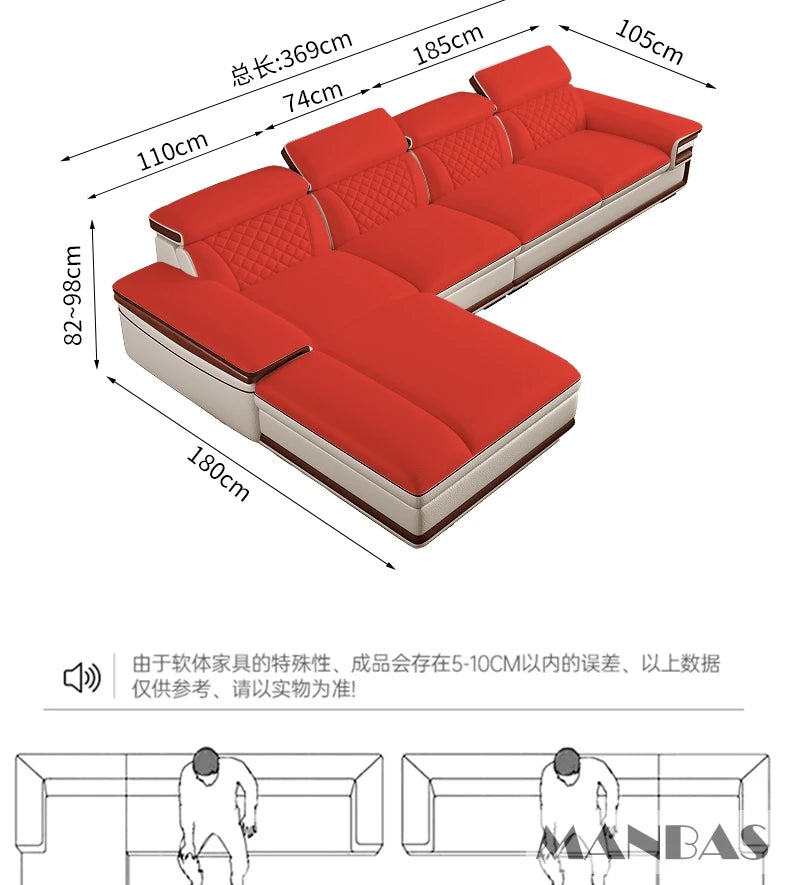 MINGDIBAO Premium Italian Genuine Leather Sofa Set for Living Room with Adjustable Headrests, Bluetooth Speaker, Wireless Charge