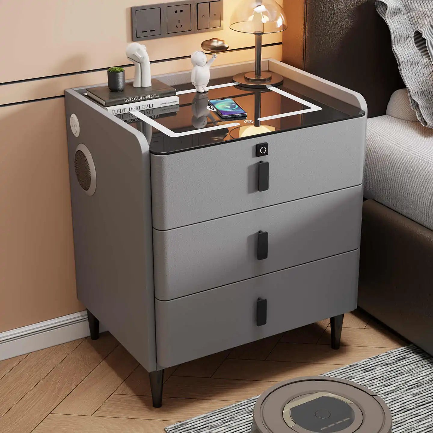 Modern Luxury Bedroom Furniture Foldable Wooden Bedside Table with Smart USB Port Wireless Charger Light Lamp