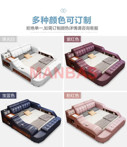 King/Queen Size Multifunctional Bed Tech Smart Beds Ultimate Camas TATAMI Massage Lit Genuine Leather Upholstered Bed with Audio