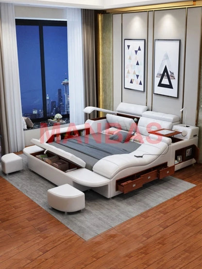 King/Queen Size Multifunctional Bed Tech Smart Beds Ultimate Camas TATAMI Massage Lit Genuine Leather Upholstered Bed with Audio