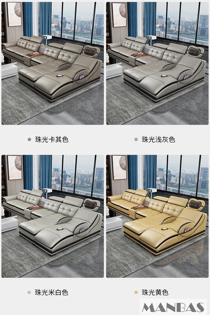 Bluetooth Speaker and Massage Italian Leather Sofa Set with USB, Cup Holder, Adjustable Headrests, Projector Living Room Couch