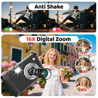 Kids Digital Camera 1080P 48MP with 16X Zoom Auto Focus Anti Shake LED Fill Light Compact Point Shoot Camera for Teens Beginners