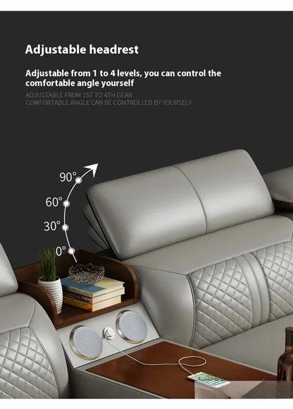 Stylish Italian Genuine Leather Sofa for Living Room with Cup Holder, USB, Adjustable Headrests & Bluetooth Speaker - MANBAS