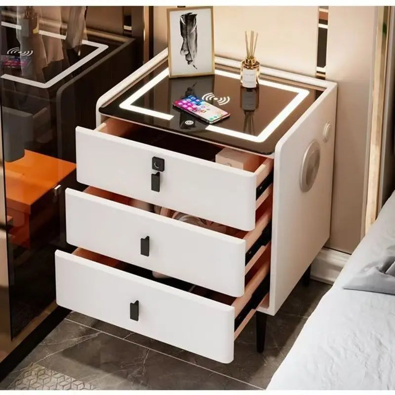 Modern Luxury Bedroom Furniture Foldable Wooden Bedside Table with Smart USB Port Wireless Charger Light Lamp