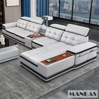 Bluetooth Speaker and Massage Italian Leather Sofa Set with USB, Cup Holder, Adjustable Headrests, Projector Living Room Couch