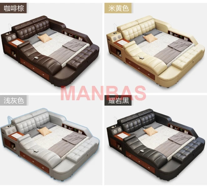 King/Queen Size Multifunctional Bed Tech Smart Beds Ultimate Camas TATAMI Massage Lit Genuine Leather Upholstered Bed with Audio