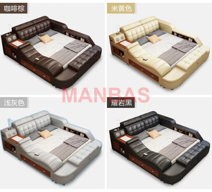 King/Queen Size Multifunctional Bed Tech Smart Beds Ultimate Camas TATAMI Massage Lit Genuine Leather Upholstered Bed with Audio
