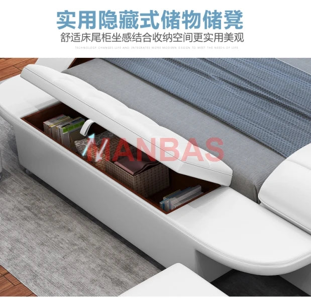 King/Queen Size Multifunctional Bed Tech Smart Beds Ultimate Camas TATAMI Massage Lit Genuine Leather Upholstered Bed with Audio