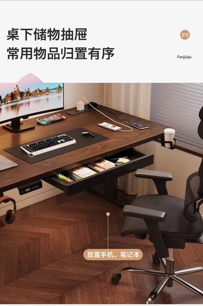 Solid Wood Electric Standing Desk with Drawers Smart Height Adjustable Gaming Computer Workstation for Home Study Office