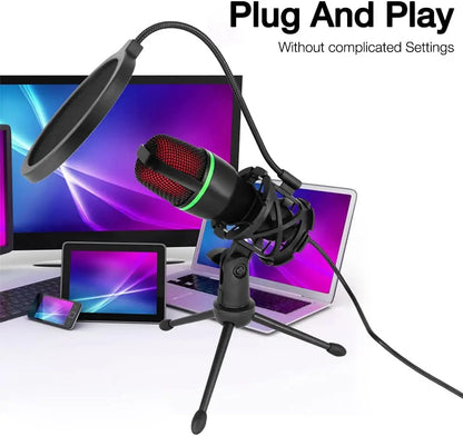 Condenser Microphone USB Wired For PC Computer Laptop Professional Gaming Accessories Streaming Sound Live Podcast RGB Record