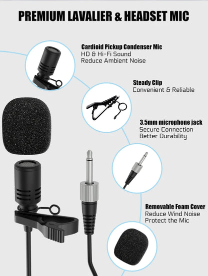 Dual Wireless Microphone System Headset Mic/Stand Mic/Lavalier Lapel Mic with Rechargeable Bodypack Transmitter & Receiver