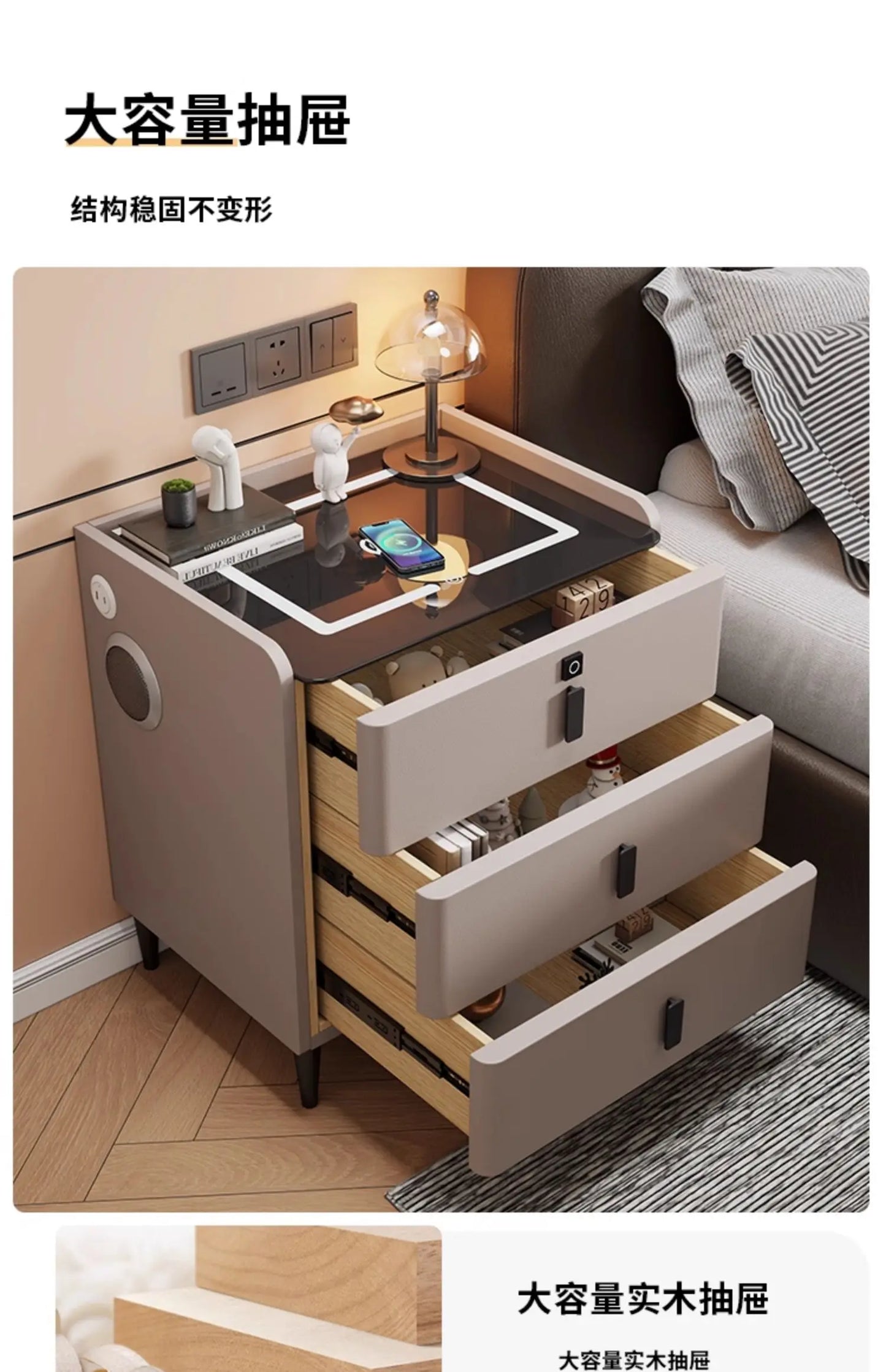 Modern Luxury Bedroom Furniture Foldable Wooden Bedside Table with Smart USB Port Wireless Charger Light Lamp