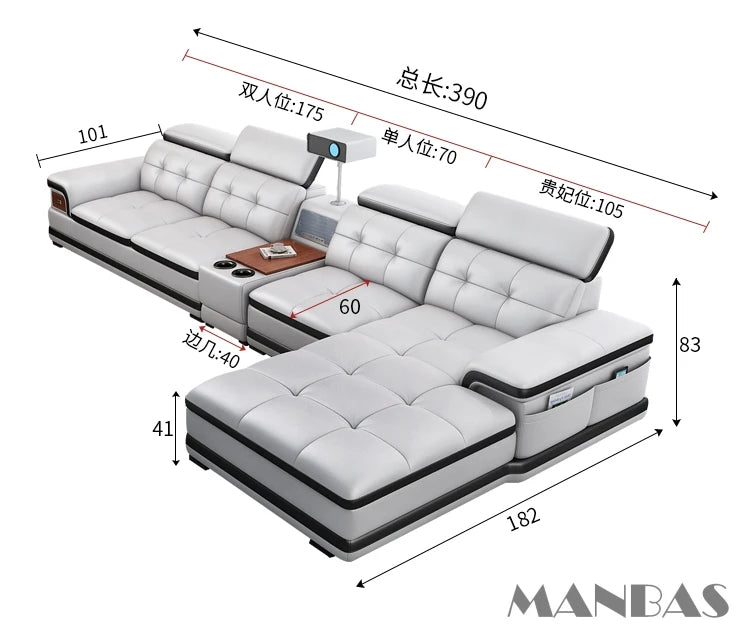 Bluetooth Speaker and Massage Italian Leather Sofa Set with USB, Cup Holder, Adjustable Headrests, Projector Living Room Couch