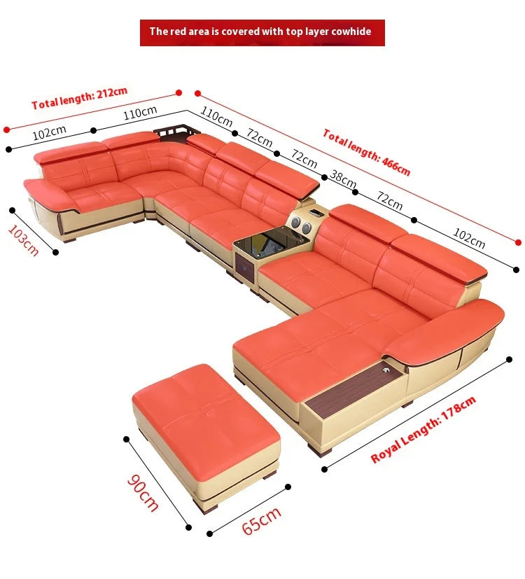 Stylish Italian Genuine Leather Sofa for Living Room with Cup Holder, USB, Adjustable Headrests & Bluetooth Speaker - MANBAS
