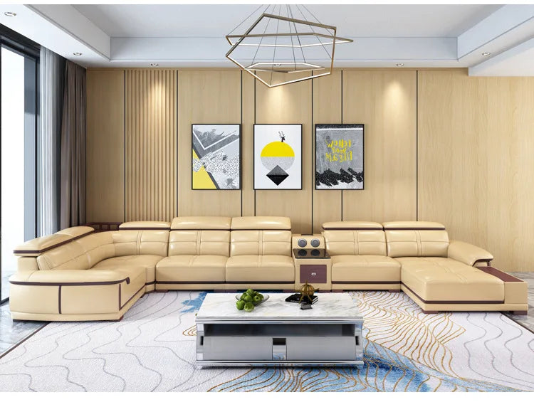 Stylish Italian Genuine Leather Sofa for Living Room with Cup Holder, USB, Adjustable Headrests & Bluetooth Speaker - MANBAS