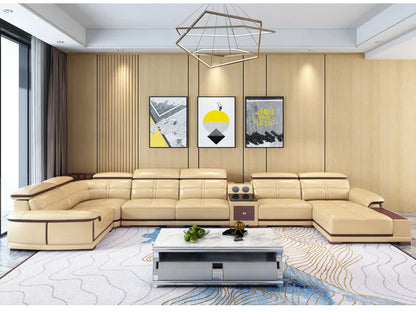 Stylish Italian Genuine Leather Sofa for Living Room with Cup Holder, USB, Adjustable Headrests & Bluetooth Speaker - MANBAS