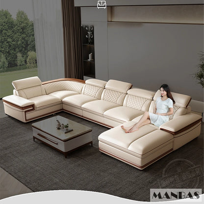 MINGDIBAO Premium Italian Genuine Leather Sofa Set for Living Room with Adjustable Headrests, Bluetooth Speaker, Wireless Charge