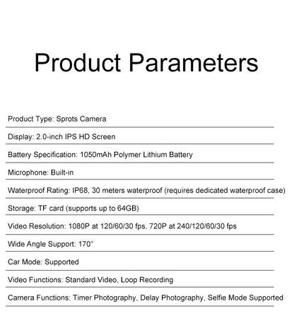 Action Camera 1080P/30FPS 2.0 In IPS Screen 170° Underwater Waterproof Helmet Video Recording Sports Cameras Outdoor Digital Cam