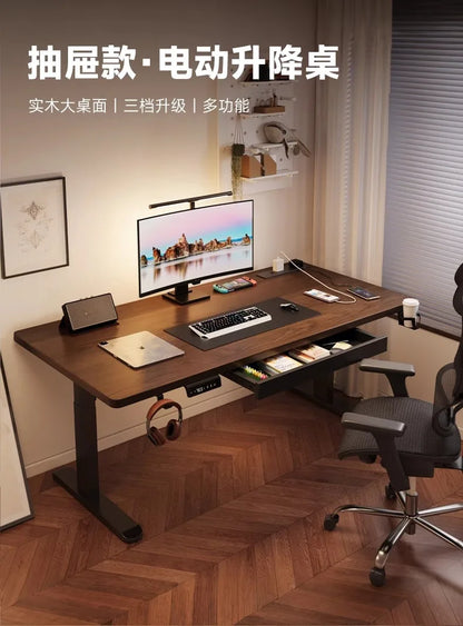 Solid Wood Electric Standing Desk with Drawers Smart Height Adjustable Gaming Computer Workstation for Home Study Office