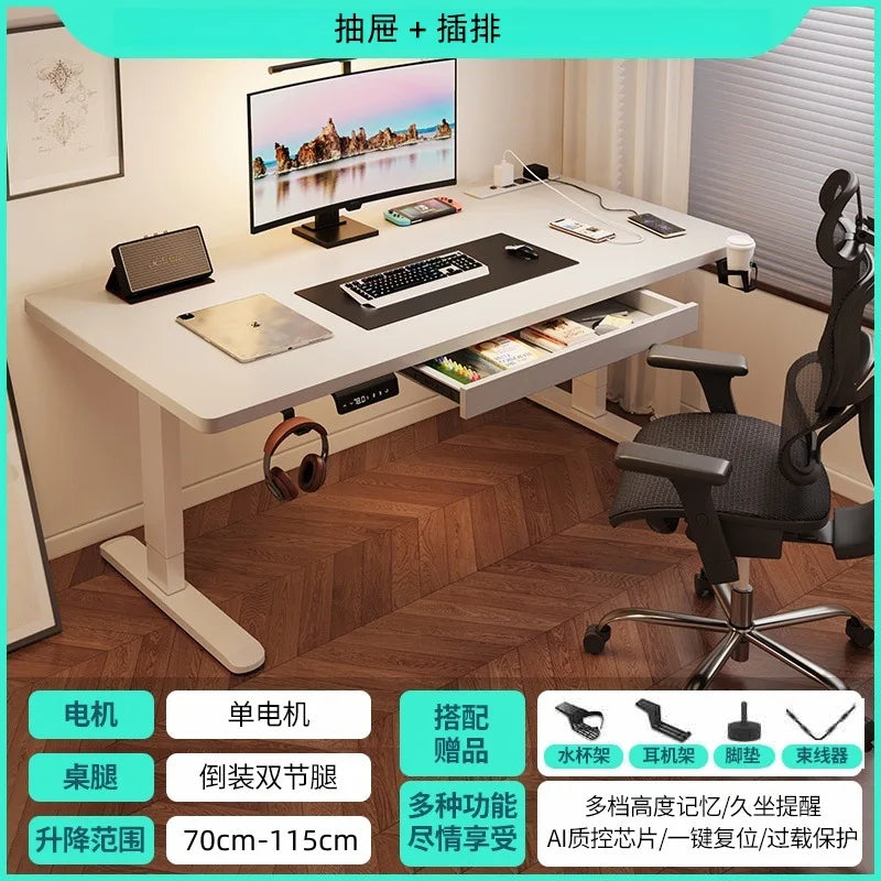 Solid Wood Electric Standing Desk with Drawers Smart Height Adjustable Gaming Computer Workstation for Home Study Office