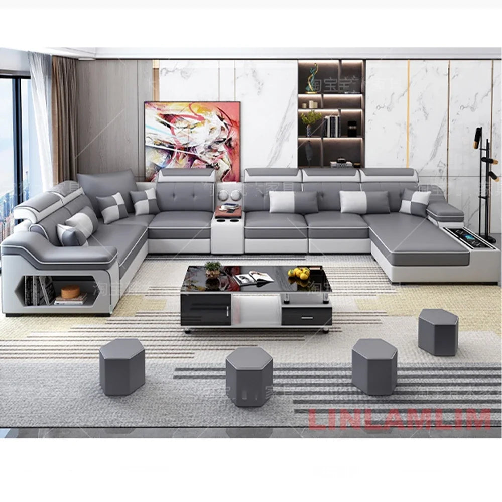 Linlamlim Modern Scientific Fabric Sectional Sofa Set with Chaise Lounge, Bluetooth Speakers, USB Charging Ports for Living Room