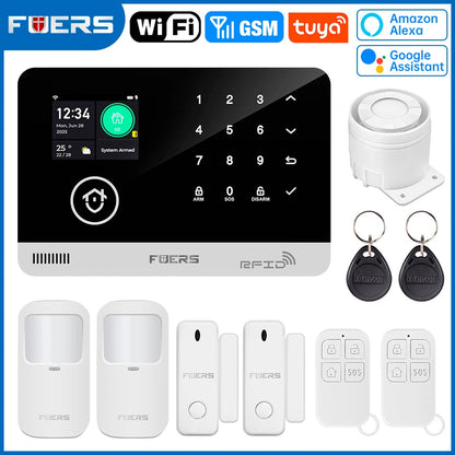 FUERS Alarm System for Home  WIFI GSM Security Alarm Host Ant-theft  with Door Motion Sensor Tuya Smart App control work Alexa