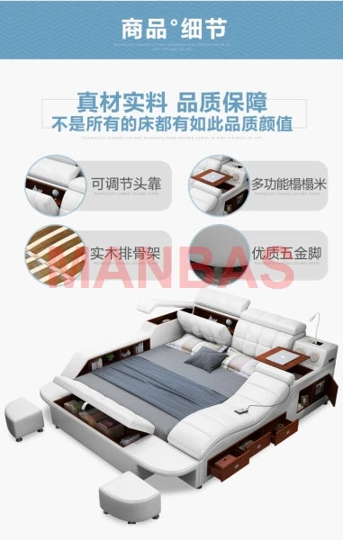 King/Queen Size Multifunctional Bed Tech Smart Beds Ultimate Camas TATAMI Massage Lit Genuine Leather Upholstered Bed with Audio