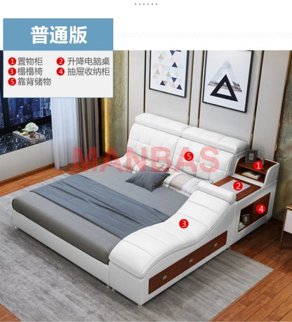King/Queen Size Multifunctional Bed Tech Smart Beds Ultimate Camas TATAMI Massage Lit Genuine Leather Upholstered Bed with Audio
