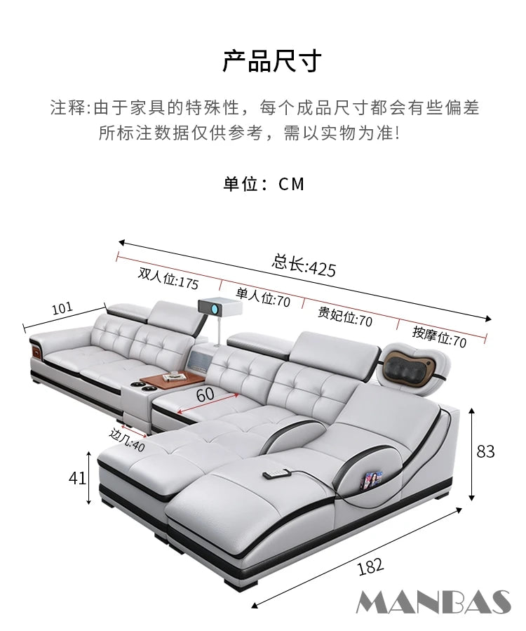 Bluetooth Speaker and Massage Italian Leather Sofa Set with USB, Cup Holder, Adjustable Headrests, Projector Living Room Couch
