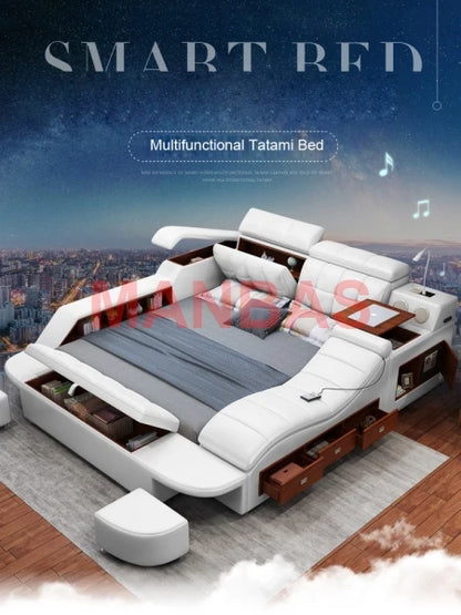 King/Queen Size Multifunctional Bed Tech Smart Beds Ultimate Camas TATAMI Massage Lit Genuine Leather Upholstered Bed with Audio