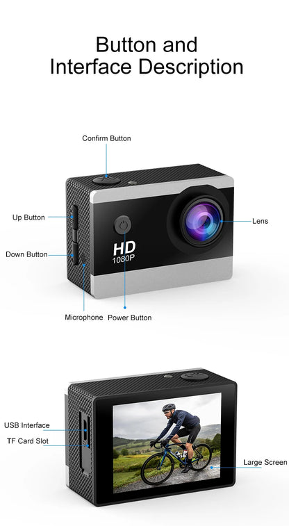 Action Camera 1080P/30FPS 2.0 In IPS Screen 170° Underwater Waterproof Helmet Video Recording Sports Cameras Outdoor Digital Cam