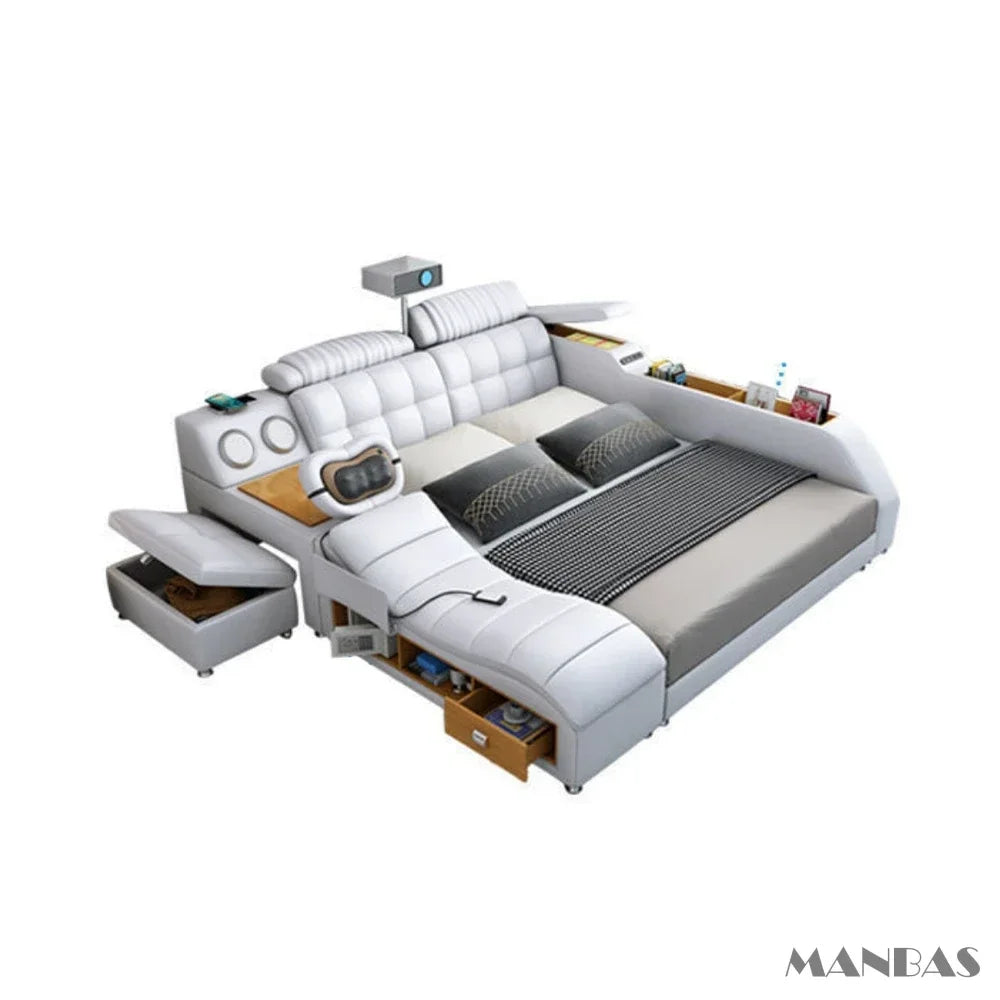 MINGDIBAO Tech Smart Genuine Leather Bed | Multifunctional Ultimate Beds | Massage Tatami Bed with Projecter | Upholstered Cama