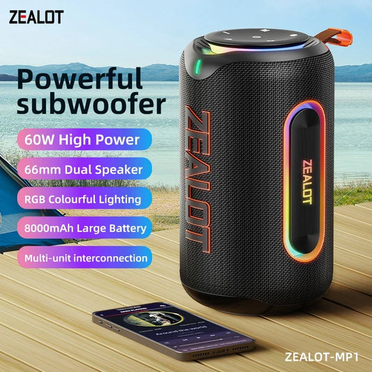 ZEALOT-MP1 Outdoor Bluetooth Speaker, 60W Output Power Bluetooth 5.3 Speaker ,Stereo Sound IPX6 Waterproof,Micro SD Card,RGB Lig