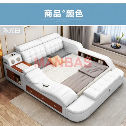 King/Queen Size Multifunctional Bed Tech Smart Beds Ultimate Camas TATAMI Massage Lit Genuine Leather Upholstered Bed with Audio