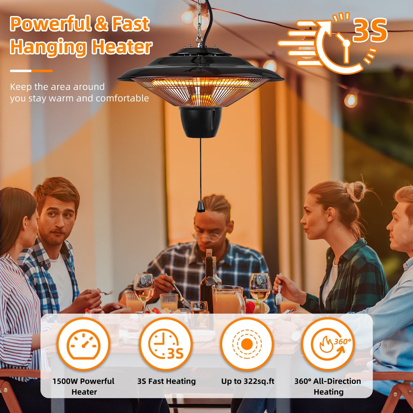 Outdoor Hanging Patio Heater Ultra-Quiet Electric Heating Lamp
