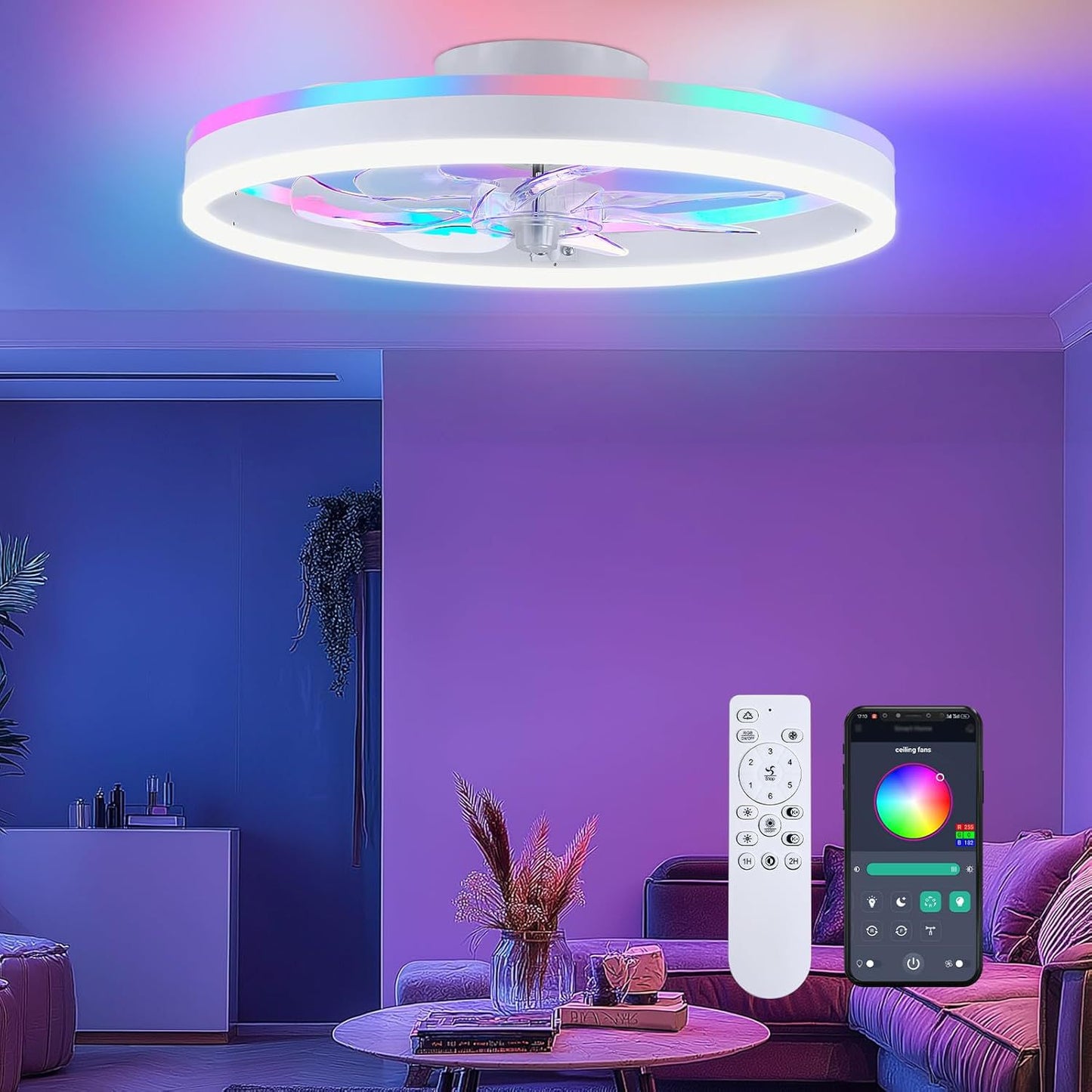 RGB Colorful Smart Bedroom Ceiling Fan Light